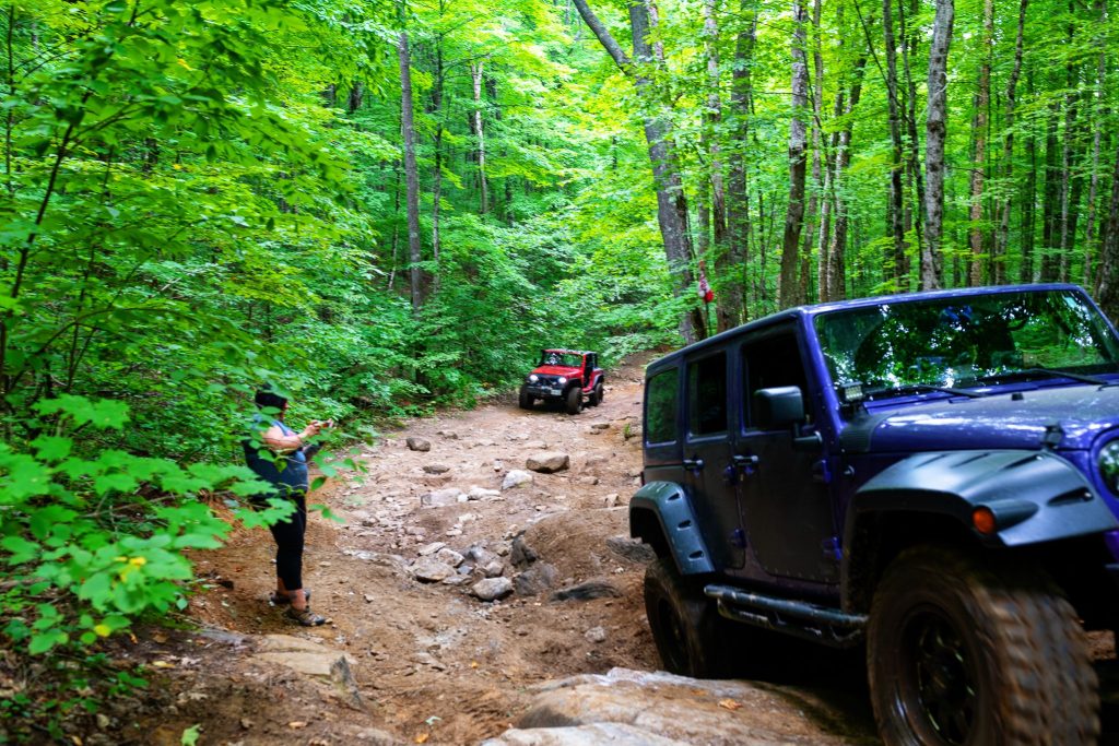 A black Jeep Wrangler Unlimited with a roof rack and winch navigates a rocky trail through a dense green forest.