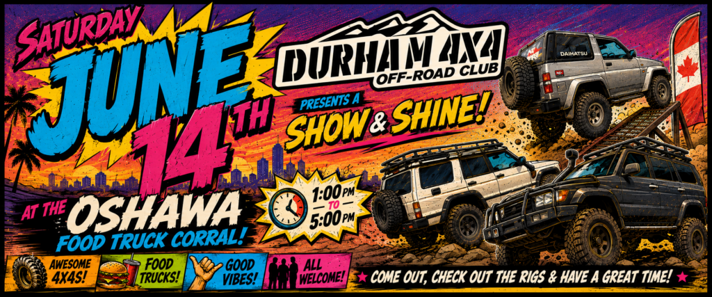 “Retro 1980s comic-book style Facebook event banner for the Durham 4x4 Off-Road Club Show & Shine on Saturday, June 14th at the Oshawa Food Truck Corral. The banner features vibrant neon pink, blue, orange, and yellow colors with bold comic-style typography. Three lifted off-road SUVs are displayed climbing rocks and ramps, including a silver Daihatsu and two large expedition-style 4x4s. The Durham 4x4 Off-Road Club logo appears prominently at the top center. Event details include ‘1:00 PM to 5:00 PM’ and promotional highlights such as awesome 4x4s, food trucks, good vibes, and all are welcome. The design includes halftone textures, sunset city silhouettes, a Canadian flag banner, and energetic action graphics inspired by vintage comic posters.”